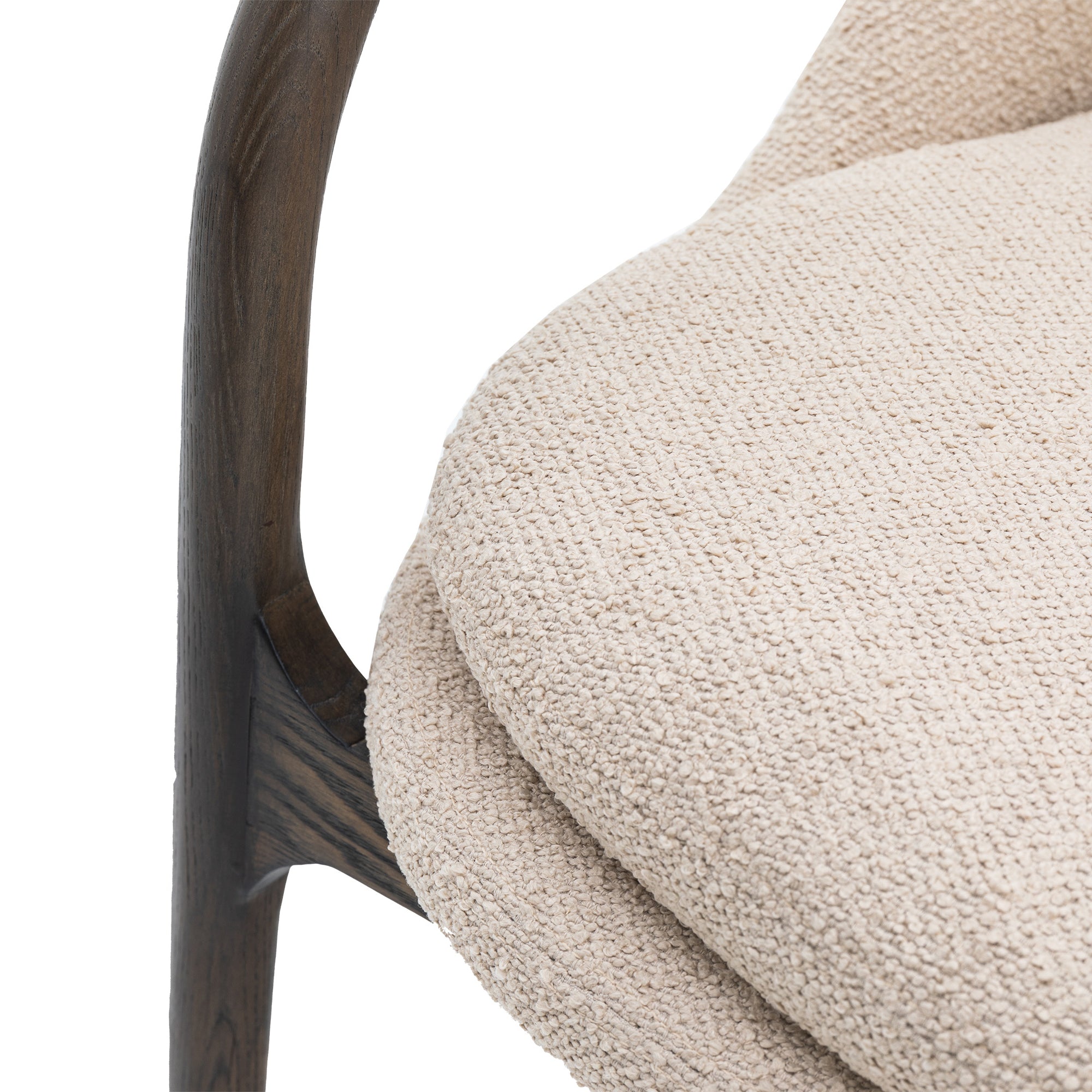 Arabella Dark Oak Wood & Taupe Boucle Curved Armchair